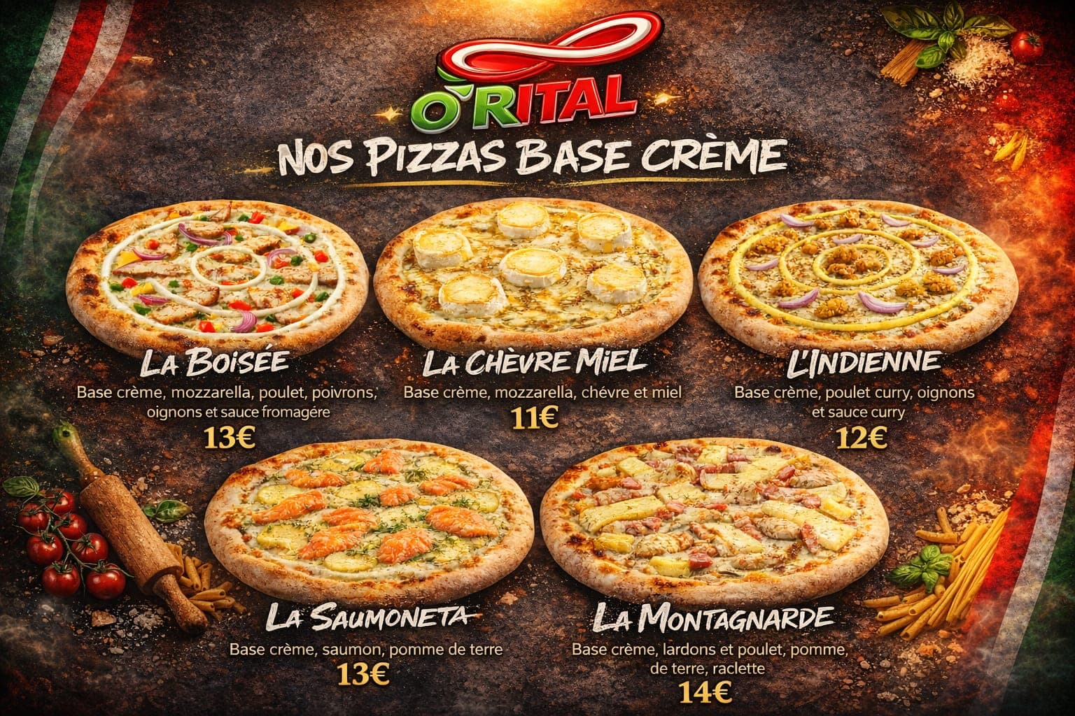 Carte O'Rital — Pizzas base crème à Mulhouse