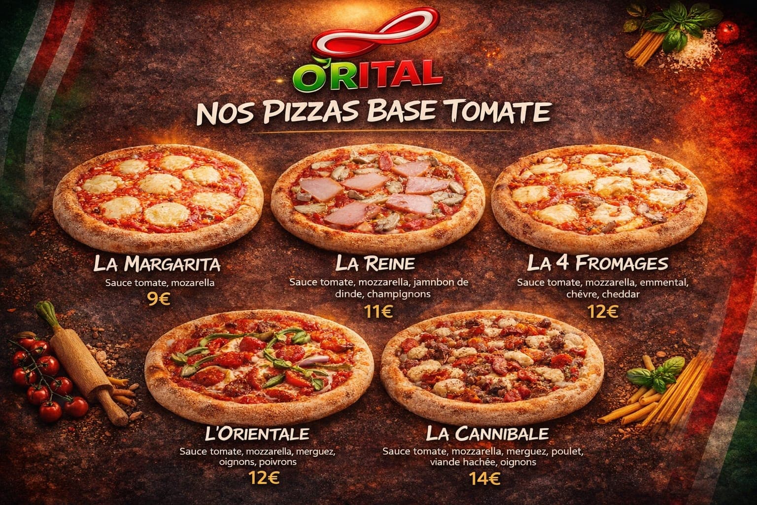 Carte O'Rital — Pizzas base tomate à Mulhouse