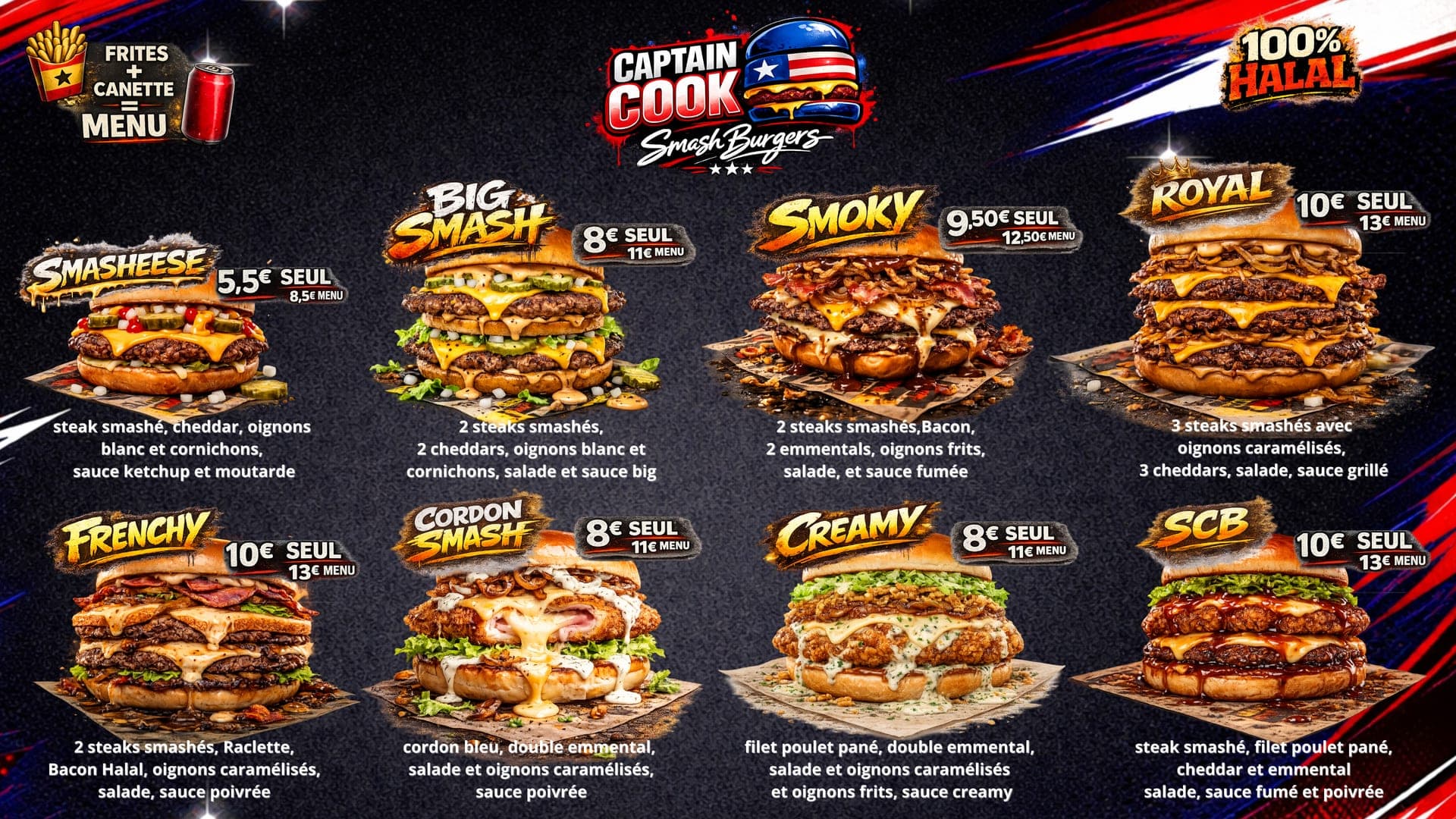 Carte Captain Cook — Smash burgers à Mulhouse